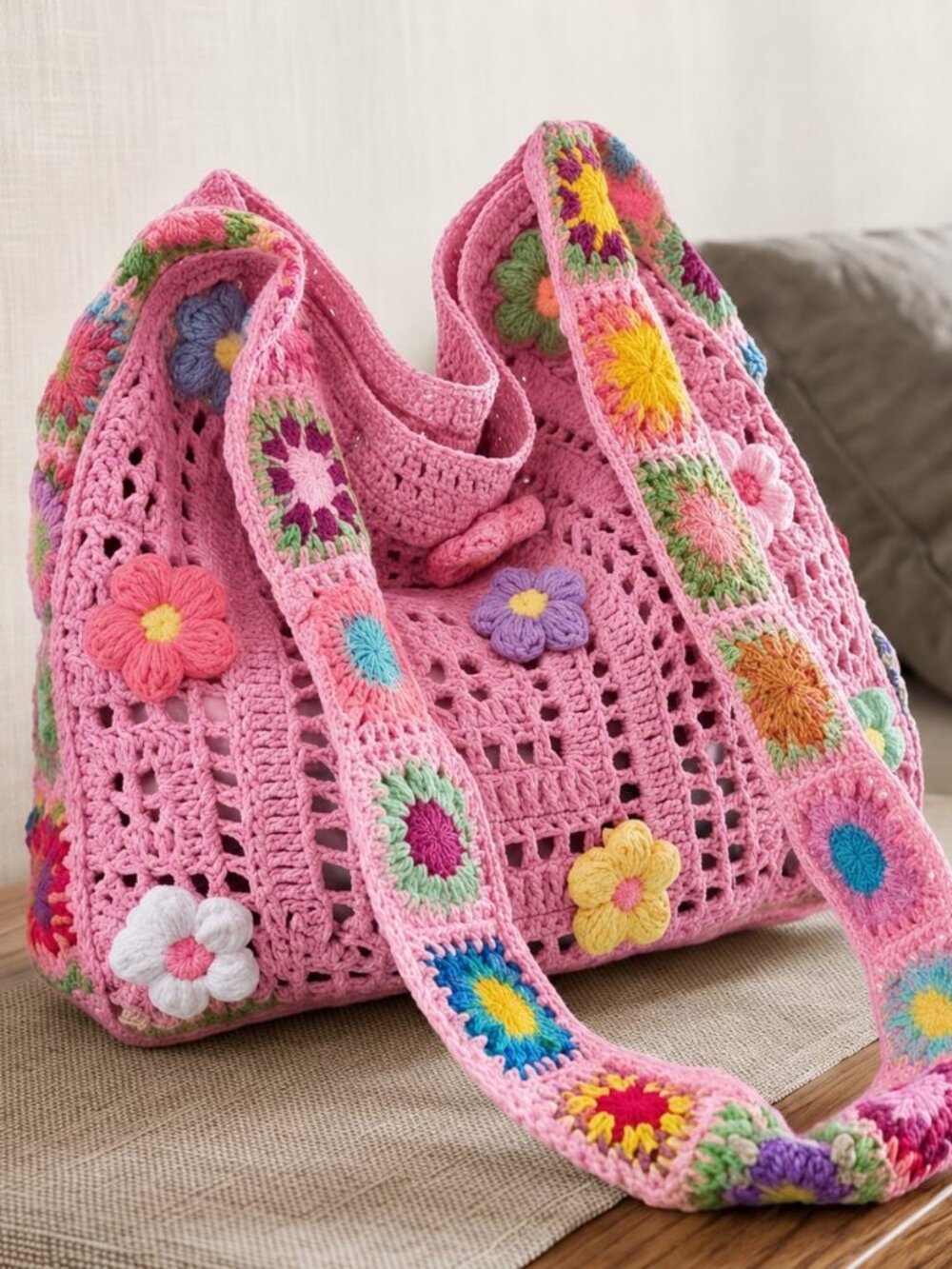Crochet Flower Tote, Granny Square Shoulder Bag, Boho Knit Handbag, Cottagecore